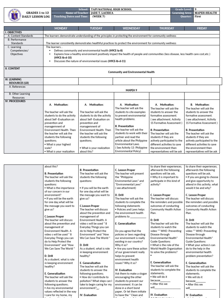 Daily Lesson Log: MAPEH Health 9 | PDF | Teachers | World Health ...