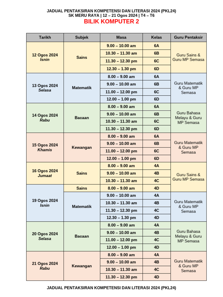 Jadual PKL24 SK Meru Raya 2024 | PDF