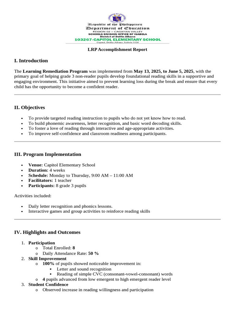 LRP Accomplishment Report: Grade 3 Reading Skills | PDF | Reading ...