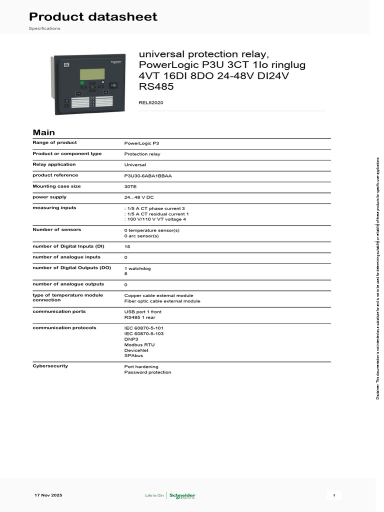 Universal Protection Relay P3U30 Specs | PDF | Ac Power ...