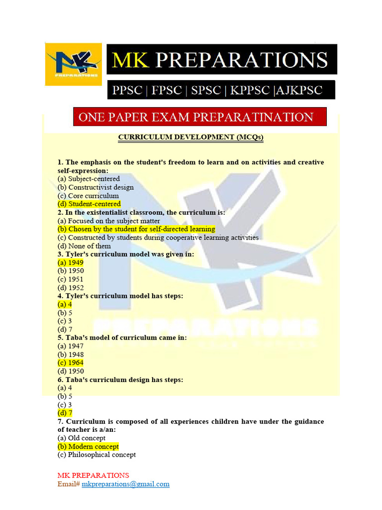 Curriculum Development MCQs Guide | PDF | Curriculum | Learning