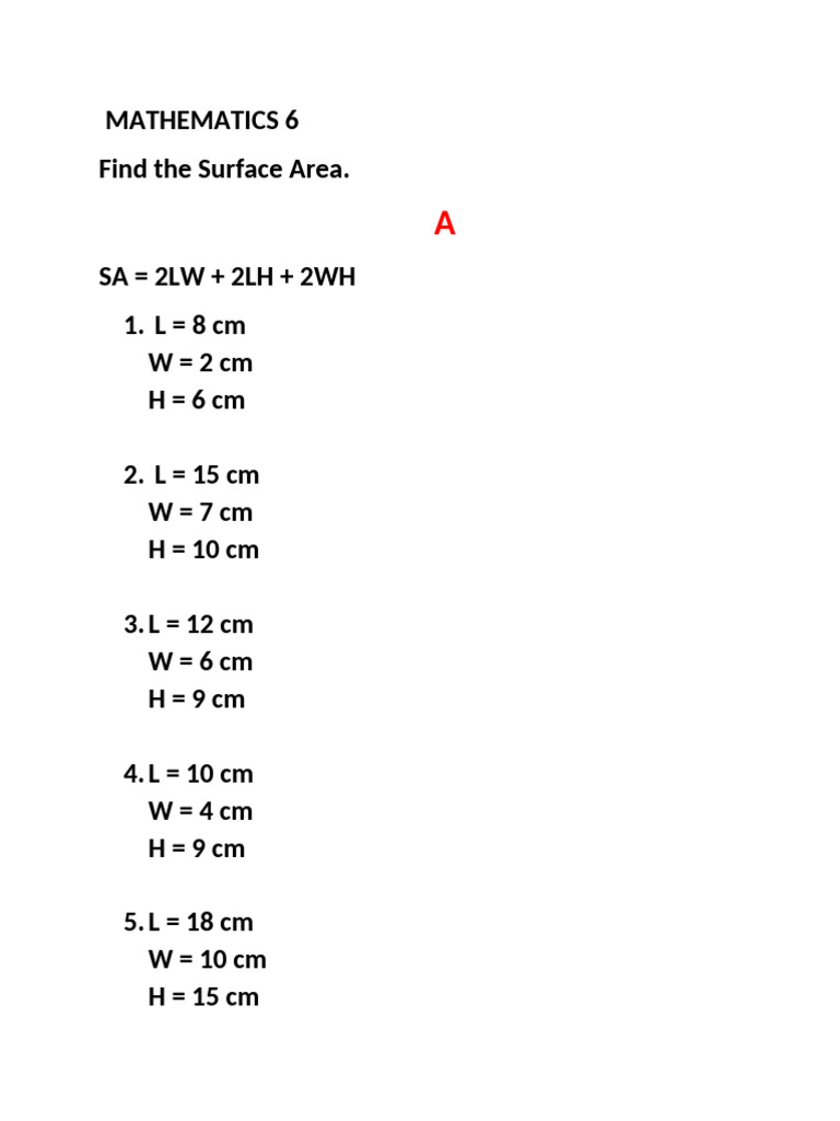 Surface Area Calculations for 6th Grade | PDF