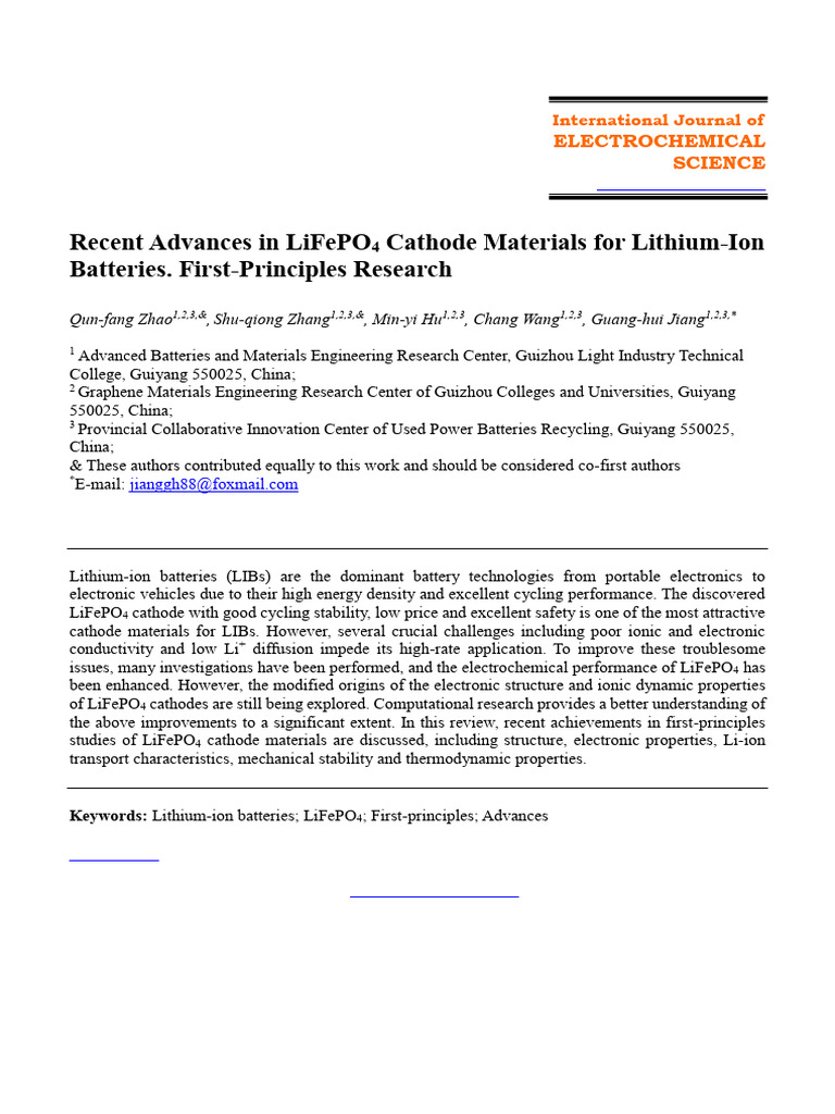 Recent Advances in LiFePO4 Cathode Materials For L | PDF | Lithium Ion ...