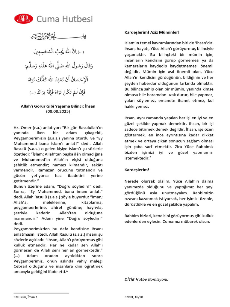 Allah'ı Görür Gibi Yaşama Bilinci: İhsan | PDF