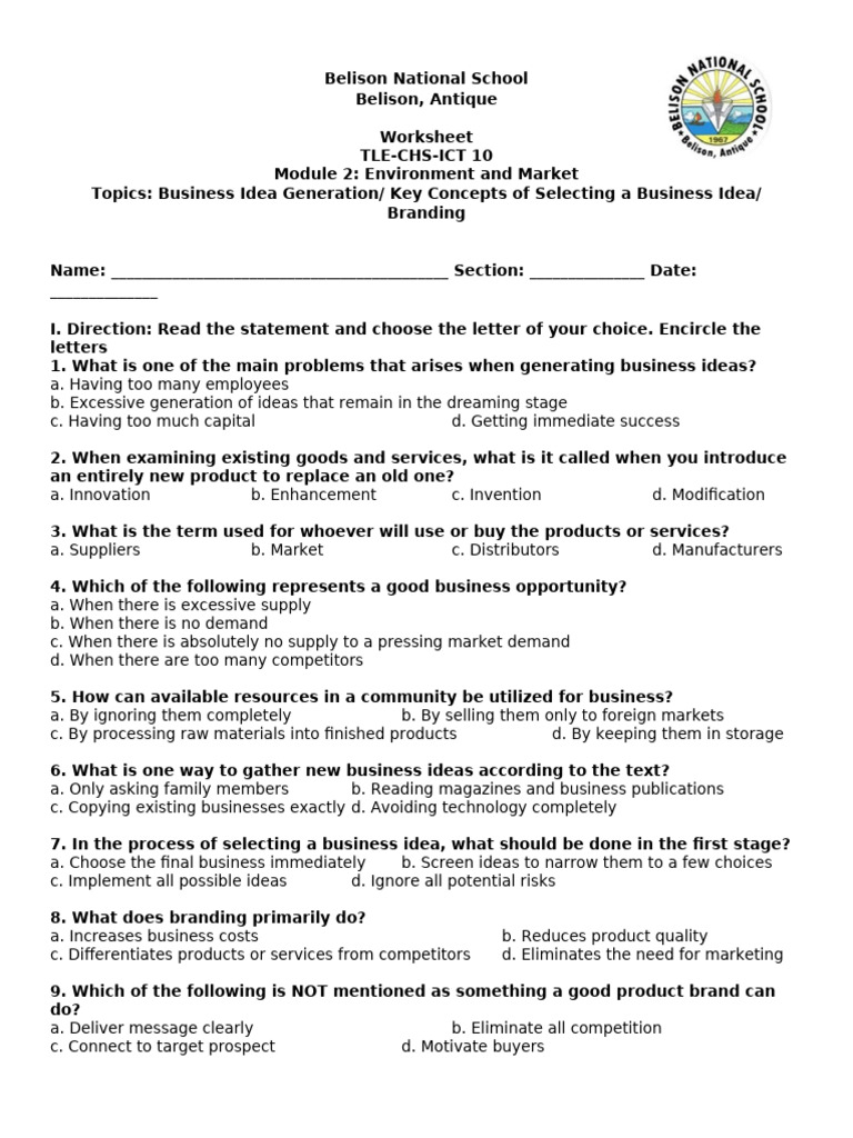 Module 2 Long Quiz (Business Idea Generation, Key Concepts of Selecting ...