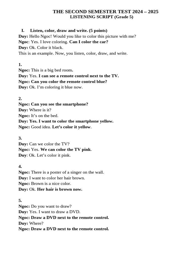 Grade 5 Listening Test Script 2024 | PDF