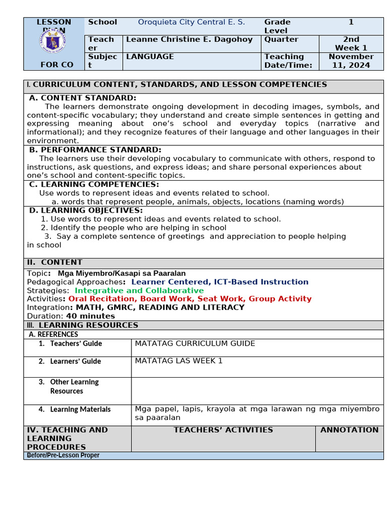 Grade 1 Language Lesson Plan | PDF | Learning | Pedagogy