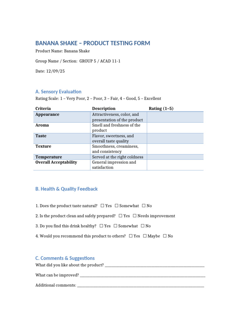 Banana Shake Product Testing Form | PDF