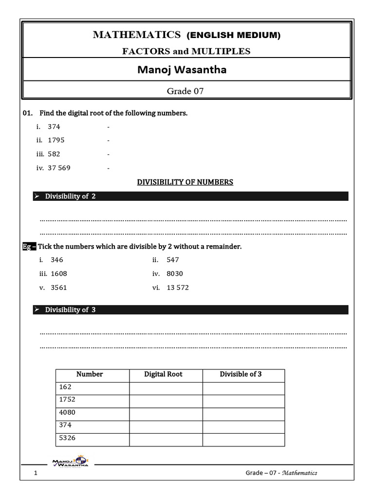 Grade 7 Math: Digital Roots & Divisibility | PDF