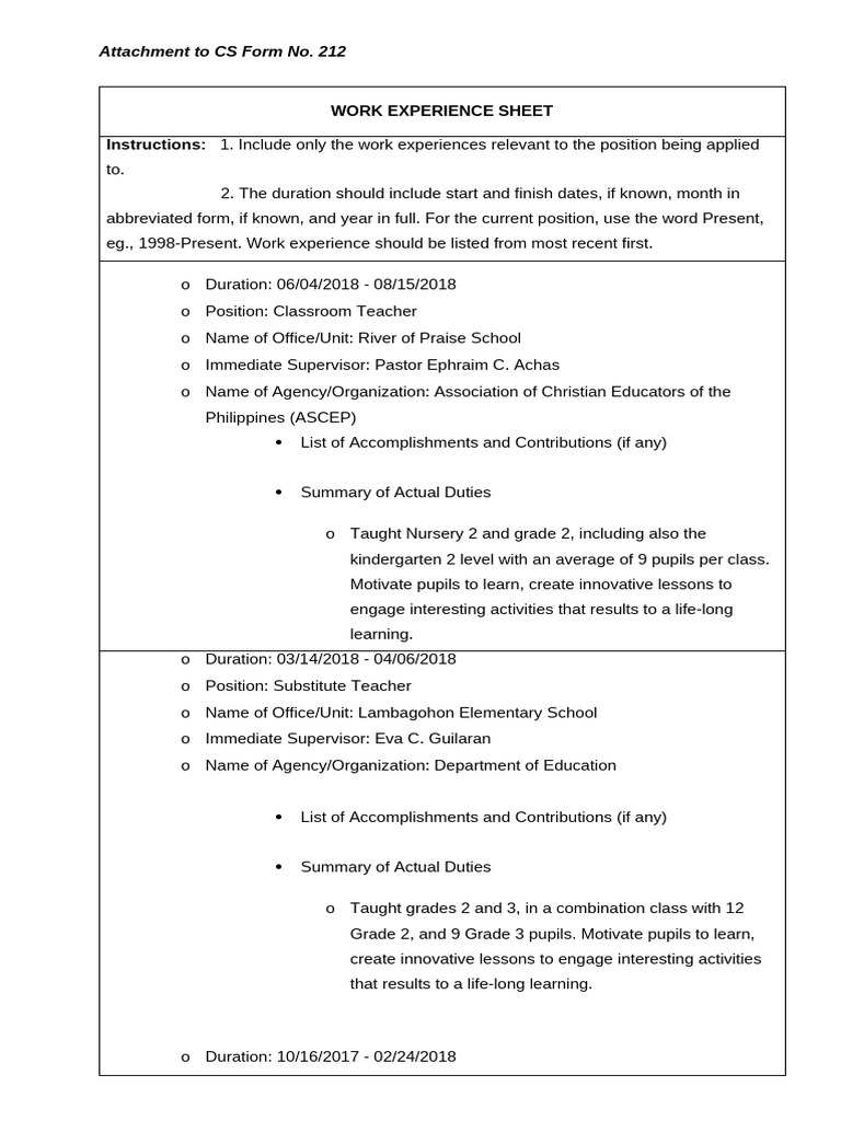 Work Experience Sheet for Teachers | PDF | Teachers | Intelligence