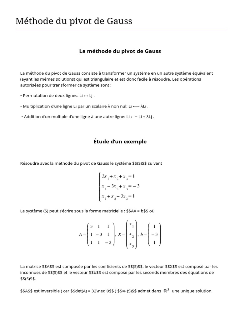 M thode Du Pivot De Gauss Expliqu e PDF Matrice Math matiques 