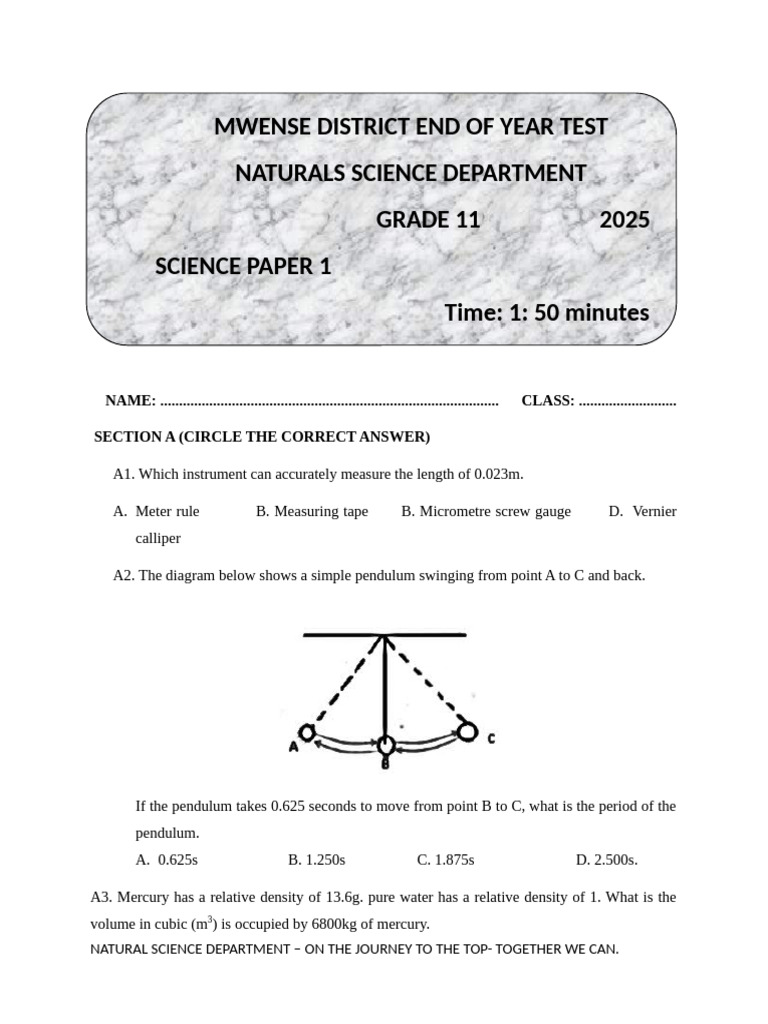 Grade 11 Natural Science Test 2025 | PDF | Electromagnetic Induction ...