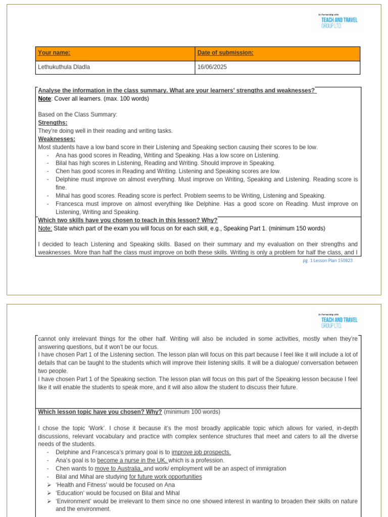 Class Summary: Learner Skills Analysis | PDF | Lesson Plan | Reading ...