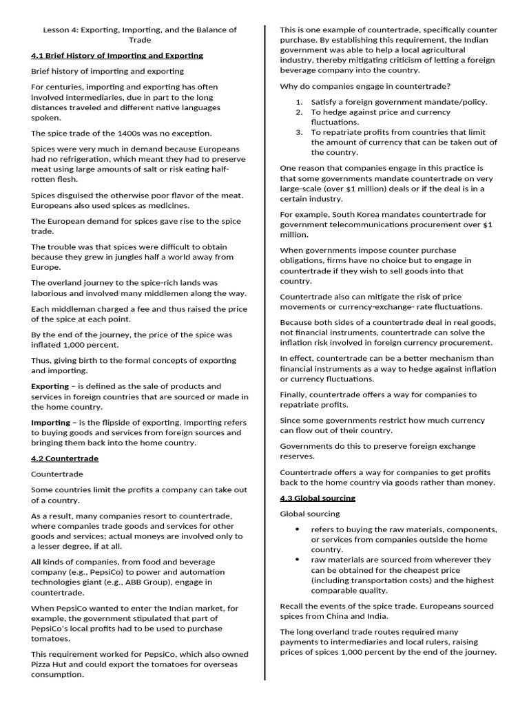 Importing, Exporting, and Countertrade Insights | PDF | Balance Of ...