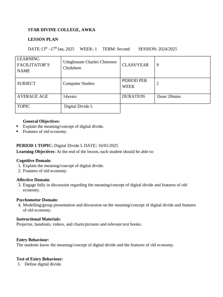 Lesson Plan: Digital Divide in Computer Studies | PDF | Concept | Learning