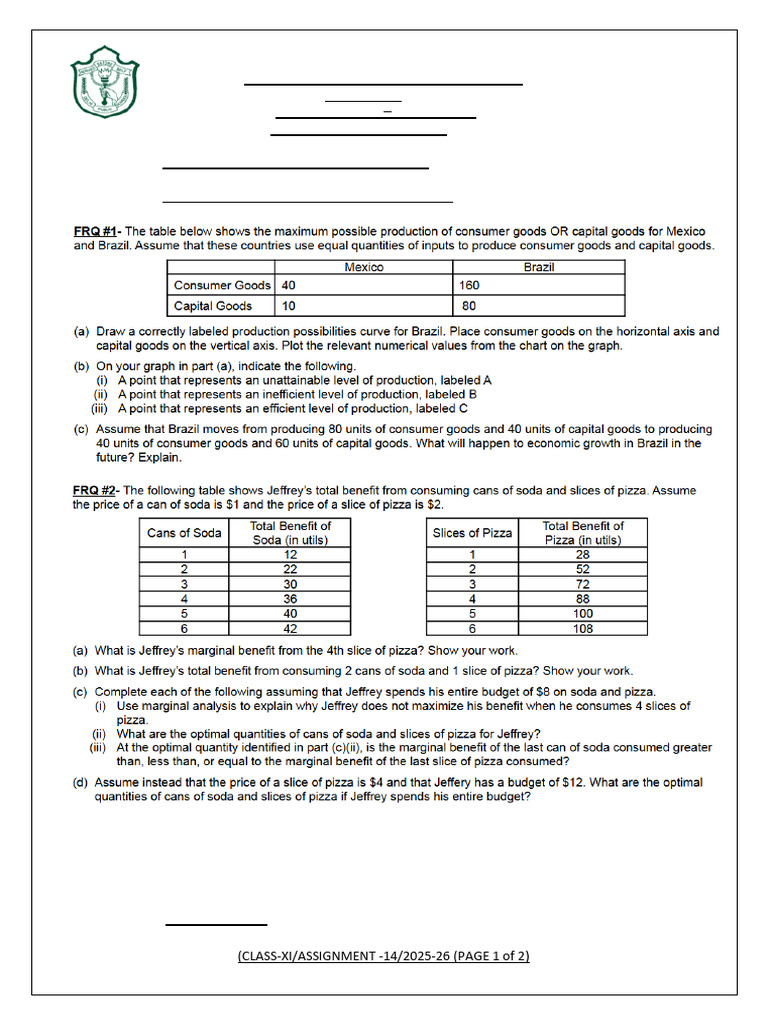 Class 11 Eco Assignment 14 2025 26 | PDF