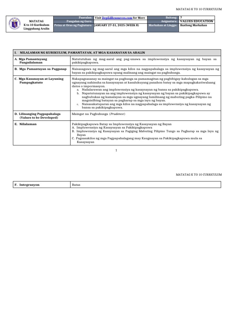 DLL Matatag - Values Education 7 q3 w8 | PDF
