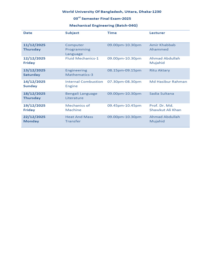 Mechanical Engineering Exam Schedule 2025 | PDF