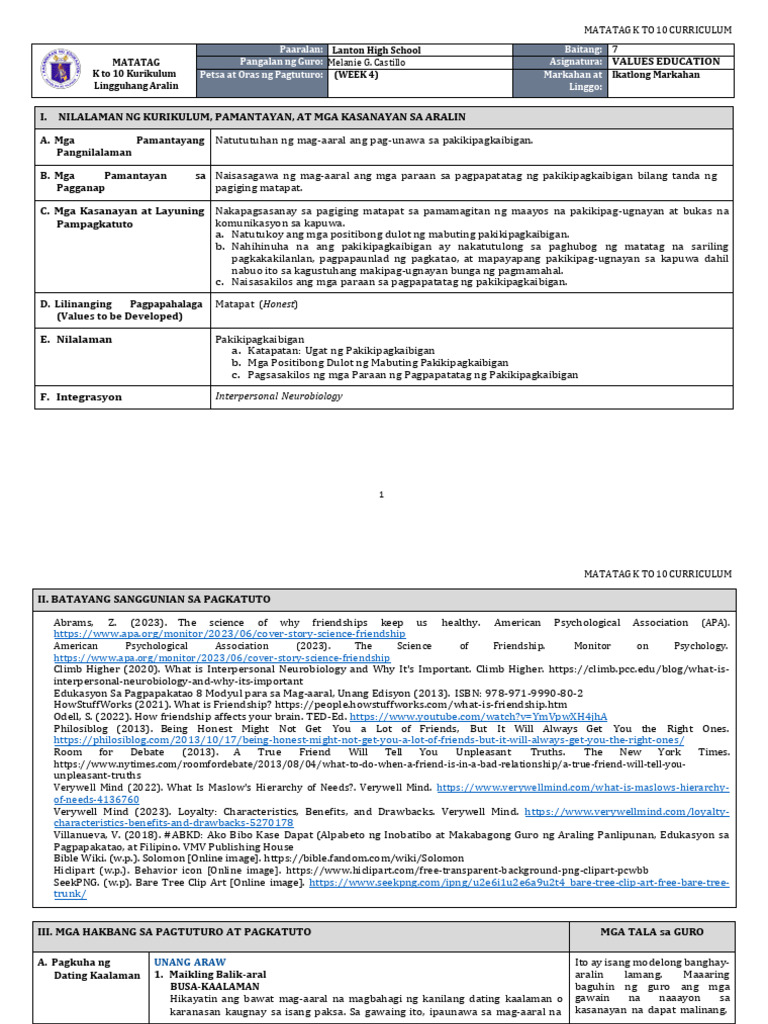 DLL Matatag - Values Education 7 q3 w4 | PDF