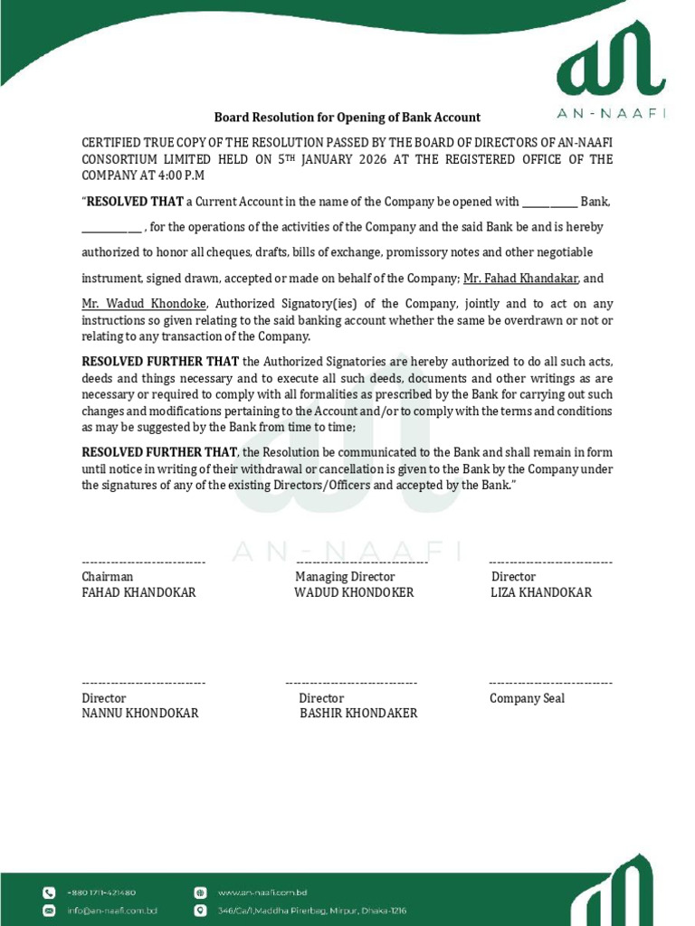 Board Resolution for Bank Account Opening | PDF | Banks | Negotiable ...