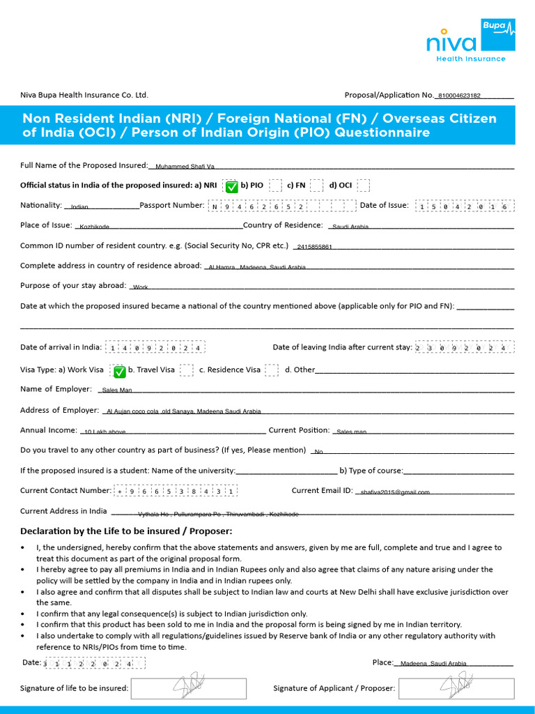 NRI/PIO/OCI/FN Insurance Proposal Form | PDF | Travel Visa | Government ...
