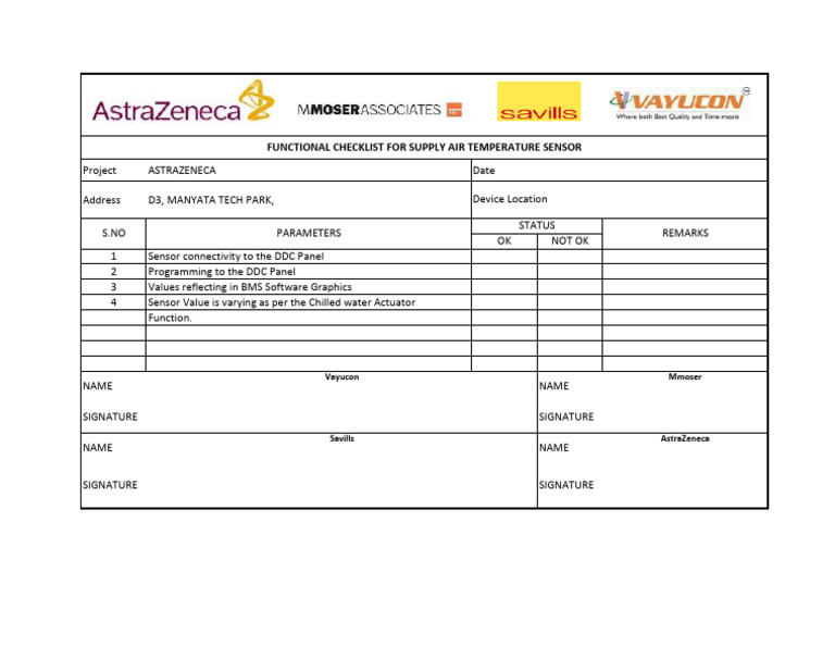 AstraZeneca Supply Air Sensor Checklist | PDF
