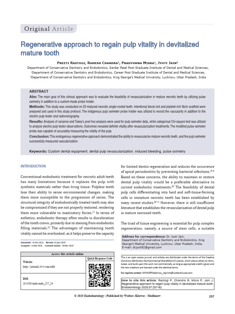 Regenerative Pulp Vitality in Mature Teeth | PDF | Tissue Engineering ...