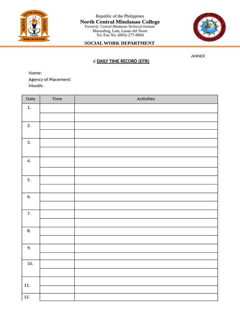 Daily Time Record Template for Social Work | PDF