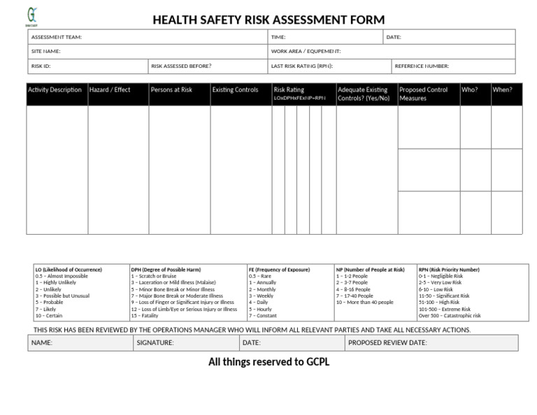 Health Safety Risk Assessment Form | PDF | Risk | Risk Assessment