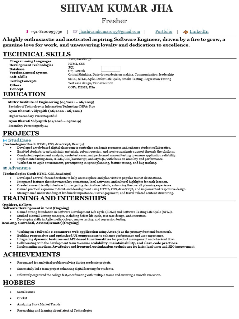 Aspiring Software Engineer Resume | PDF | Software Development Process ...
