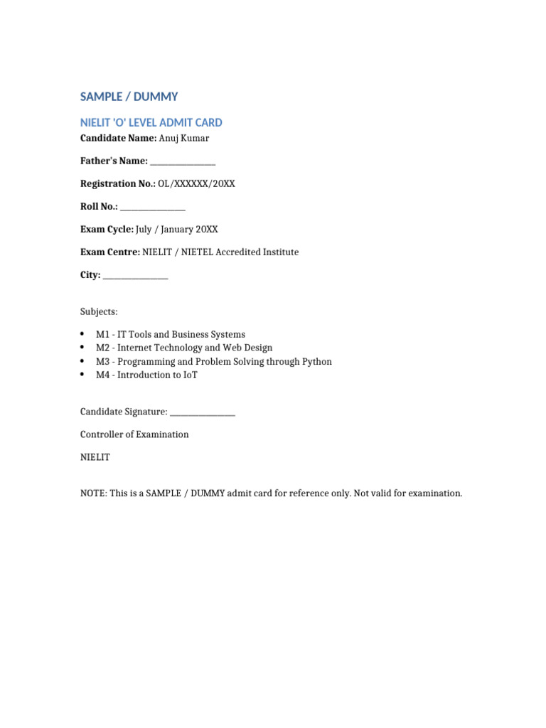 NIELIT 'O' Level Admit Card Sample | PDF