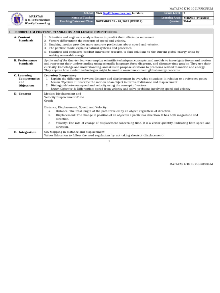 DLL Matatag - Science 7 Q3 W4 | PDF | Velocity | Distance
