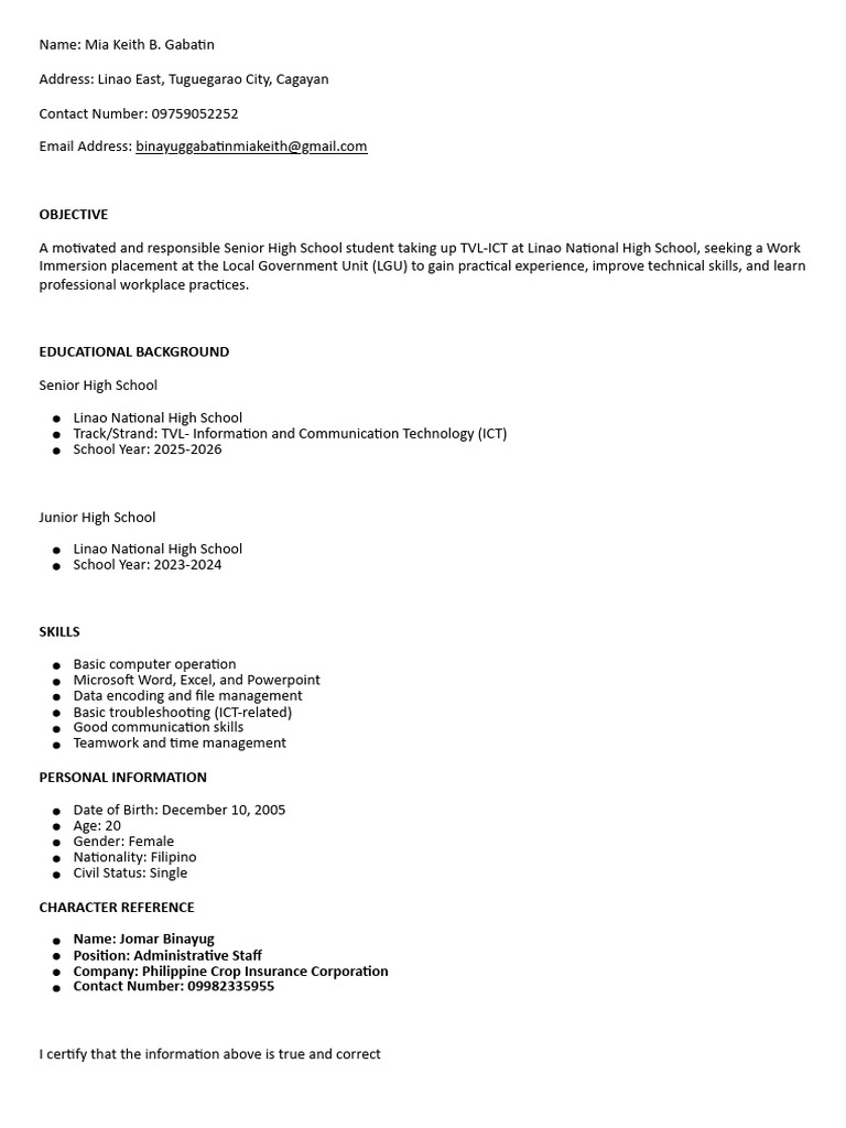 Mia Keith Gabatin's Work Immersion CV | PDF