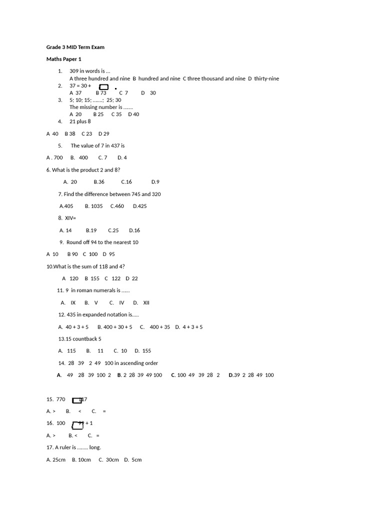 Grade 3 Maths Midterm Exam Questions | PDF | Chess | Chess Theory