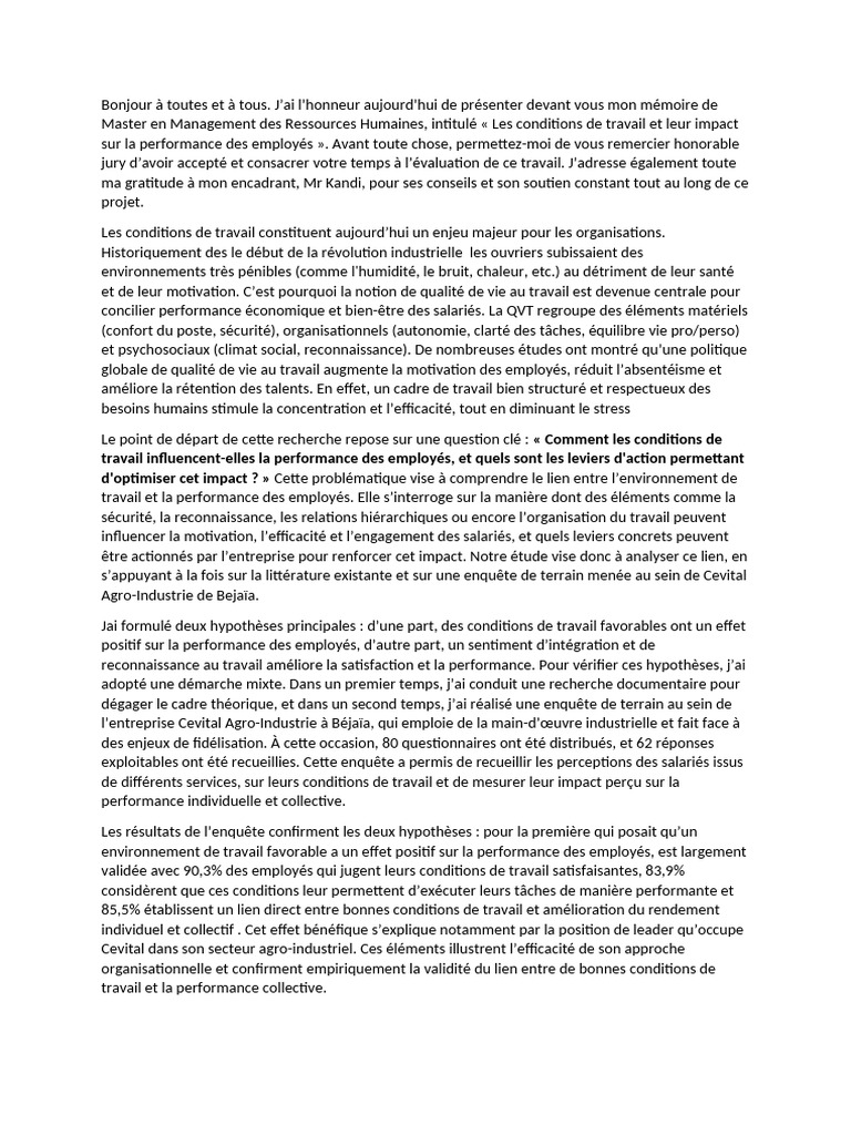 Impact des conditions de travail sur la performance | PDF | Motivation ...