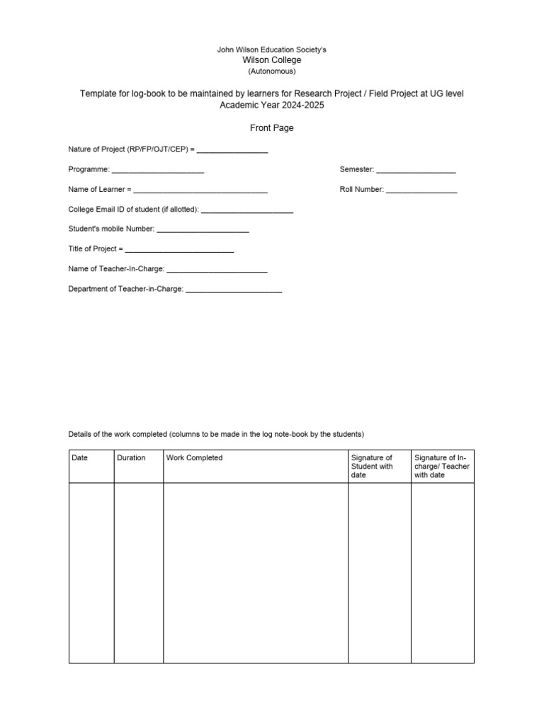 Log-Book Template for UG Research Projects | PDF