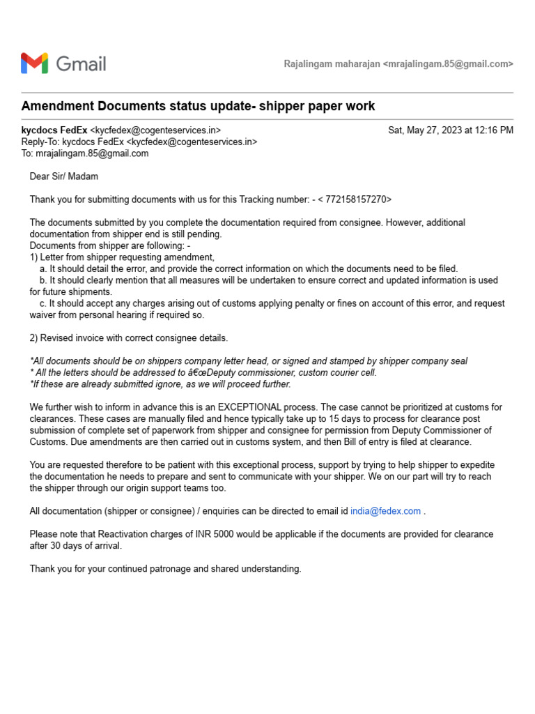 Shipper Document Amendment Status Update | PDF