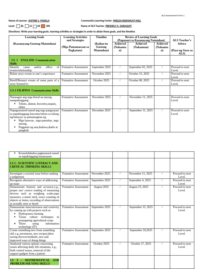 ALS Assessment Form for Learner Goals | PDF | Cognition | Learning