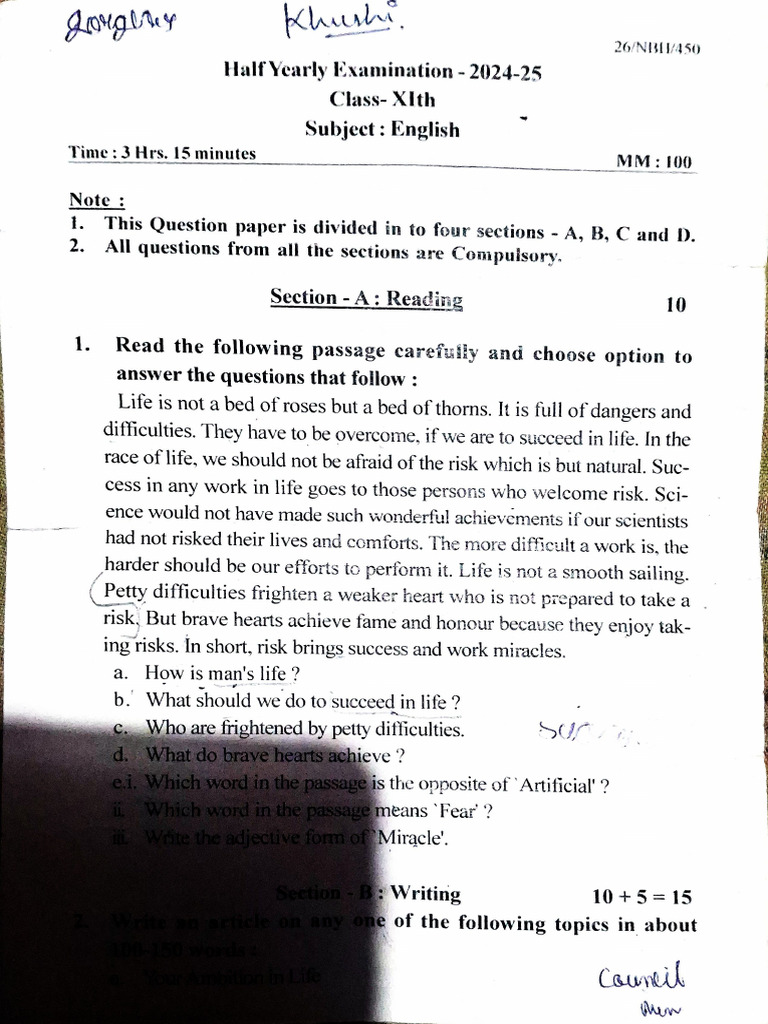 Half Yearly Exam Question Paper 2024-2025 Class 11th | PDF