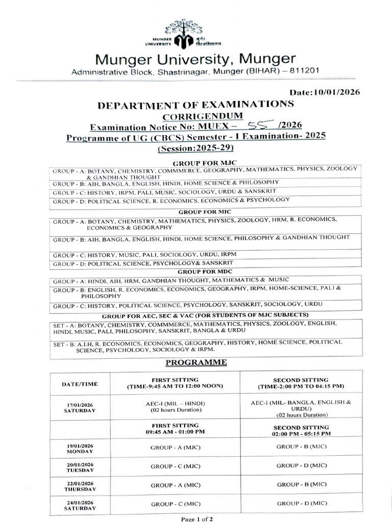 Corrigendum of Ug Sem-I 2025-29 Exam 2025 | PDF | Science | Liberal ...