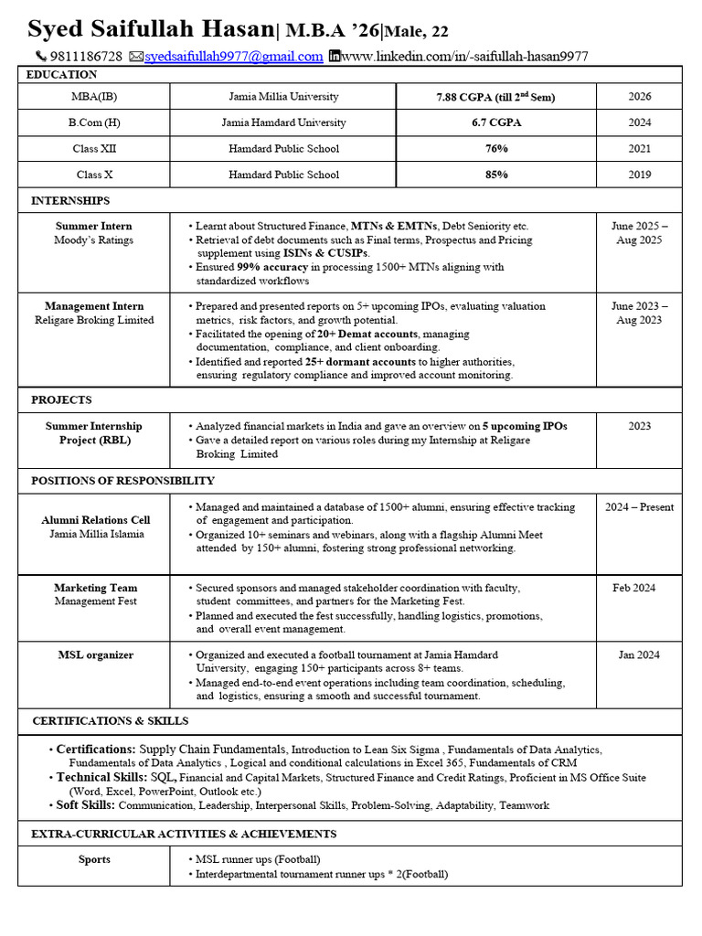 Syed Saifullah Hasan CV | PDF | Business