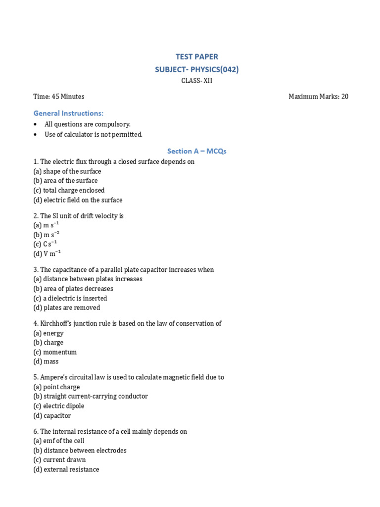 Class XII Physics Test Paper | PDF