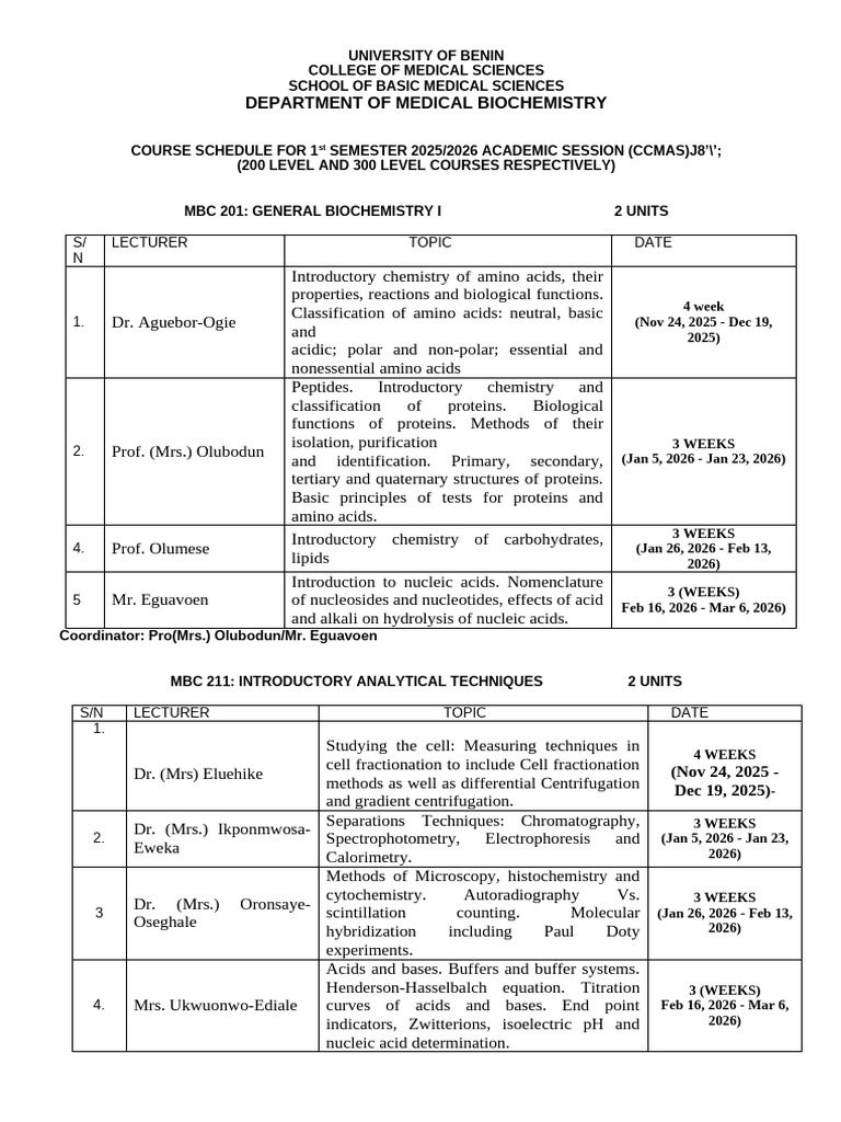 Medical Biochemistry Course Schedule 2025 | PDF | Proteins | Acid