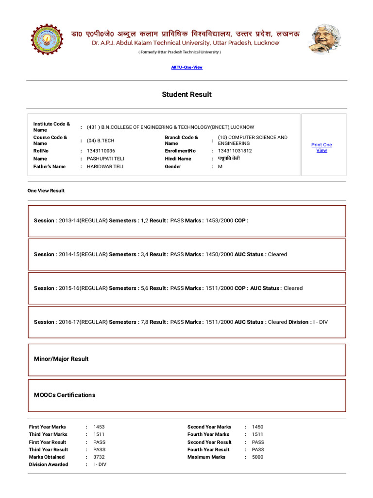 B.Tech Computer Science Result Summary | PDF