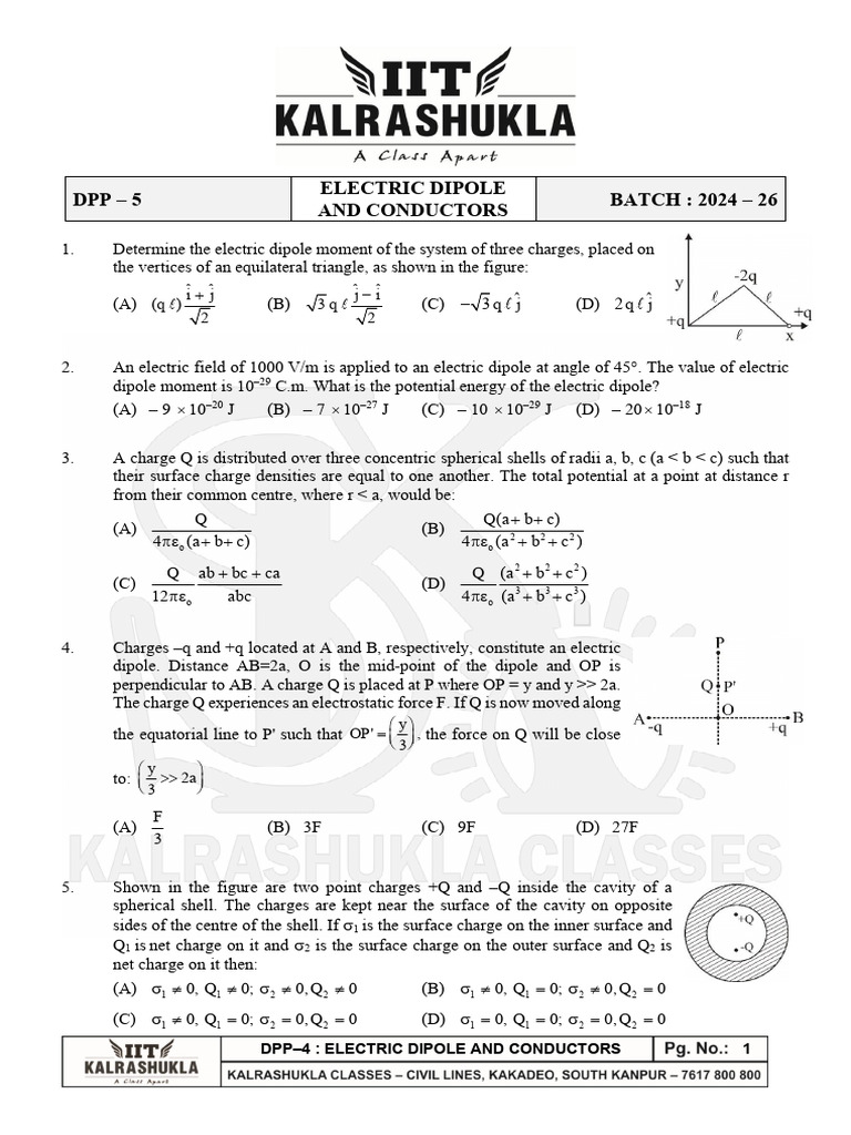 Electric Dipole and Conductors DPP 2024-26 | PDF | Electric Field | Sphere
