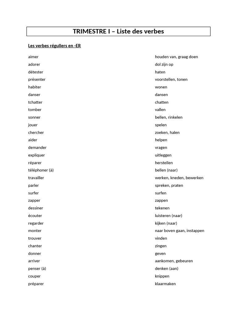 TRIMESTRE I - Liste Des Verbes: Les Verbes Réguliers en - ER | PDF