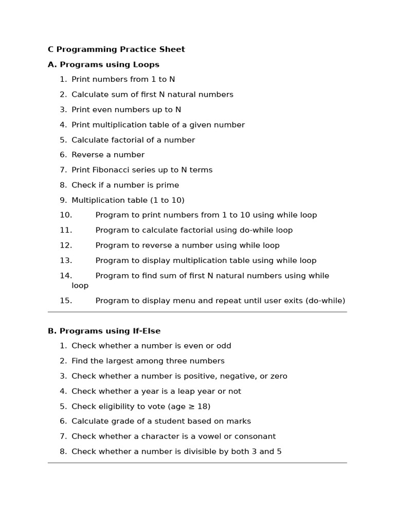 C Programming Practice Sheet | PDF