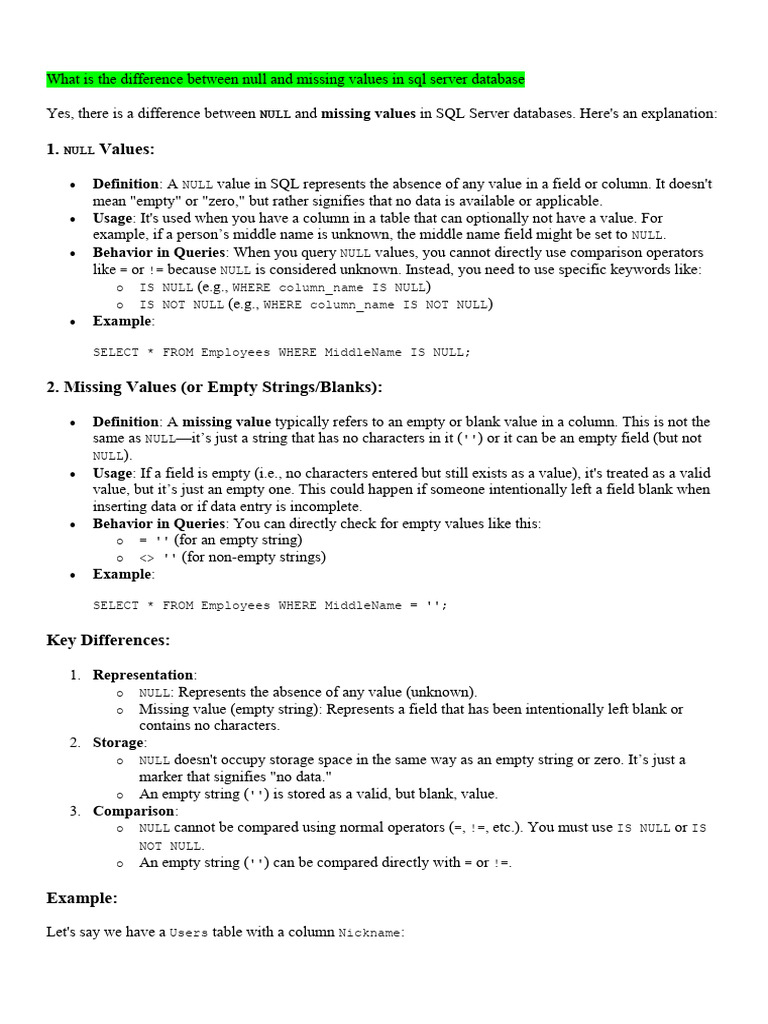 NULL vs Missing Values in SQL Server | PDF | Computer Programming ...