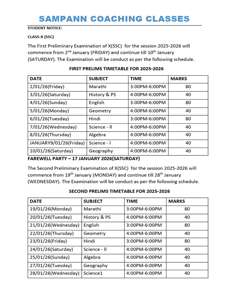 SSC Class X Preliminary Exam Timetable | PDF