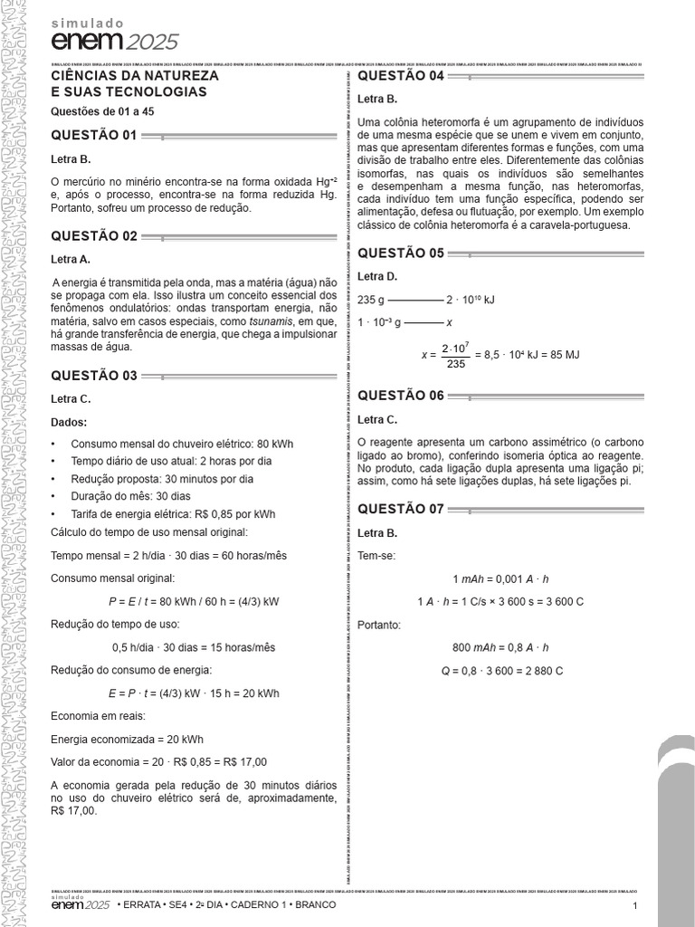Simulado ENEM 2025: Questões e Respostas | PDF | Cor | Ultravioleta